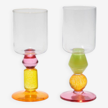 Pair of Miami Wine Glasses with Pink & Marigold