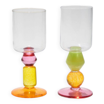 Pair of Miami Wine Glasses with Pink & Marigold
