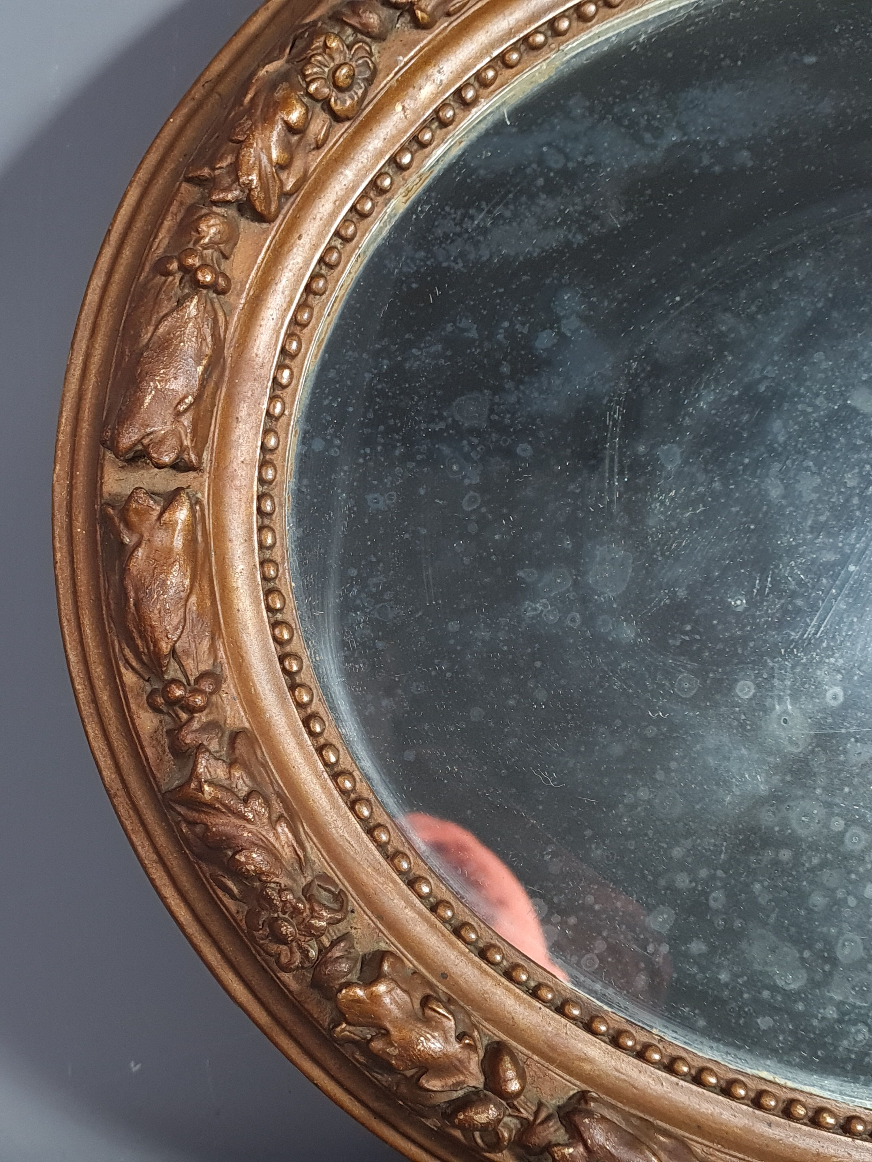 Old oval mirror beveled wooden frame & gilded stucco 50x40 cm 1900
