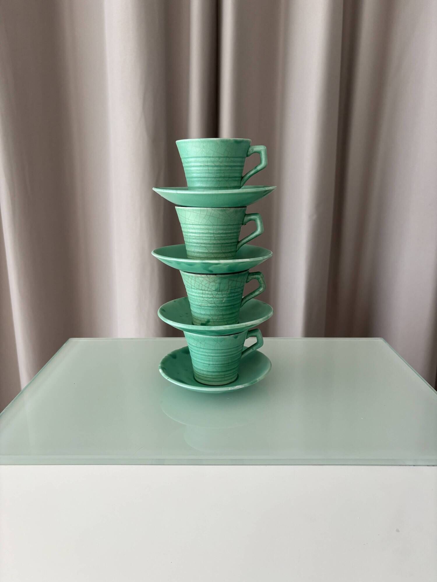 Set of 4 Vintage Jade Green Studio Pottery Espresso Cups & Saucers – Hand G