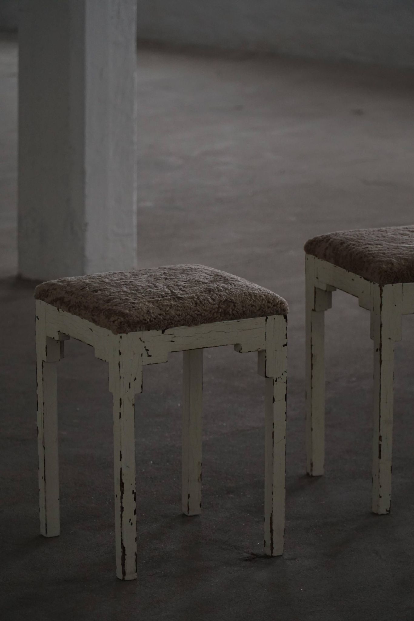 A pair of antique Danish stools, seats in lambswool, late 19th century.