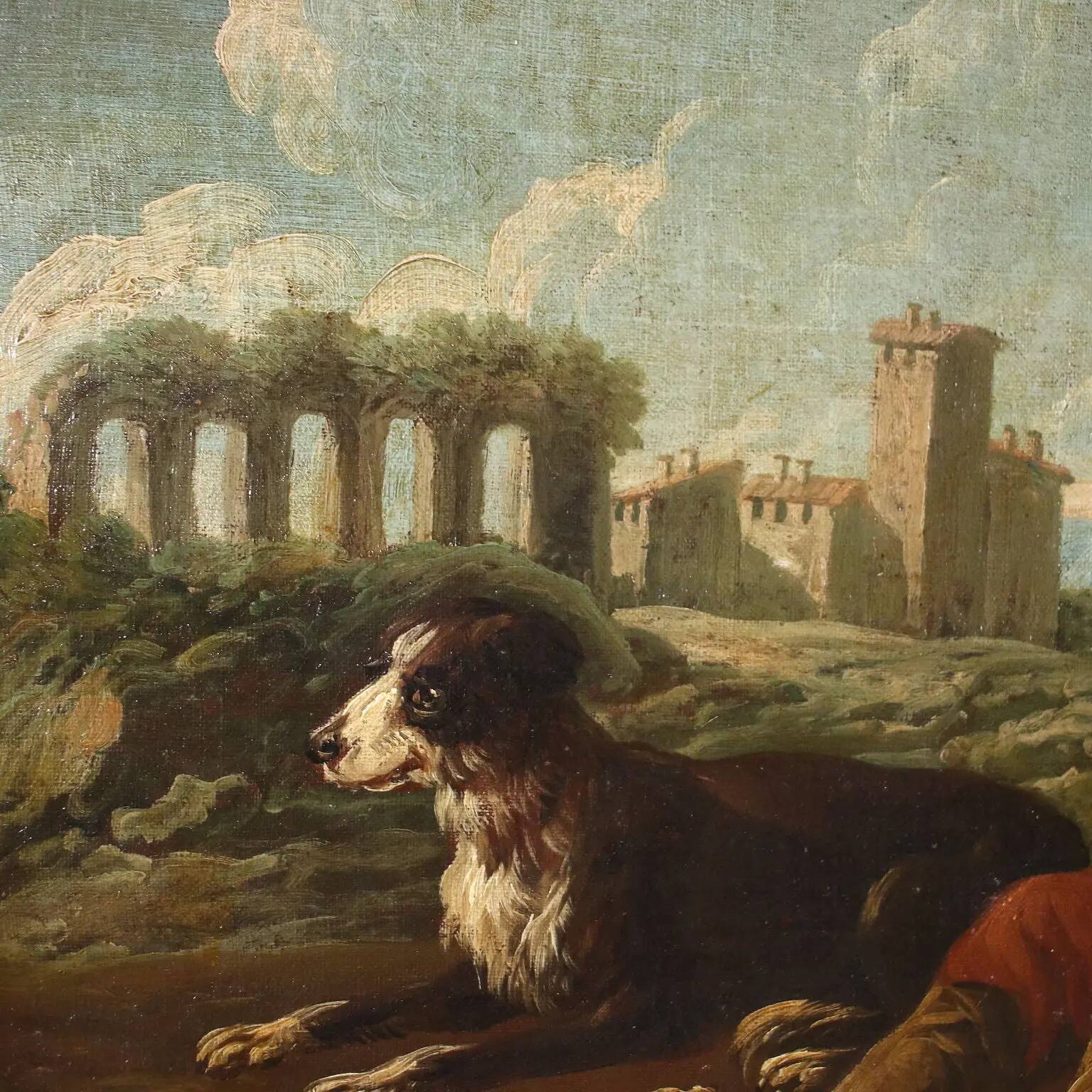 Old painting of a landscape with shepherds, oil on canvas, 17th century.