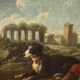 Old painting of a landscape with shepherds, oil on canvas, 17th century.