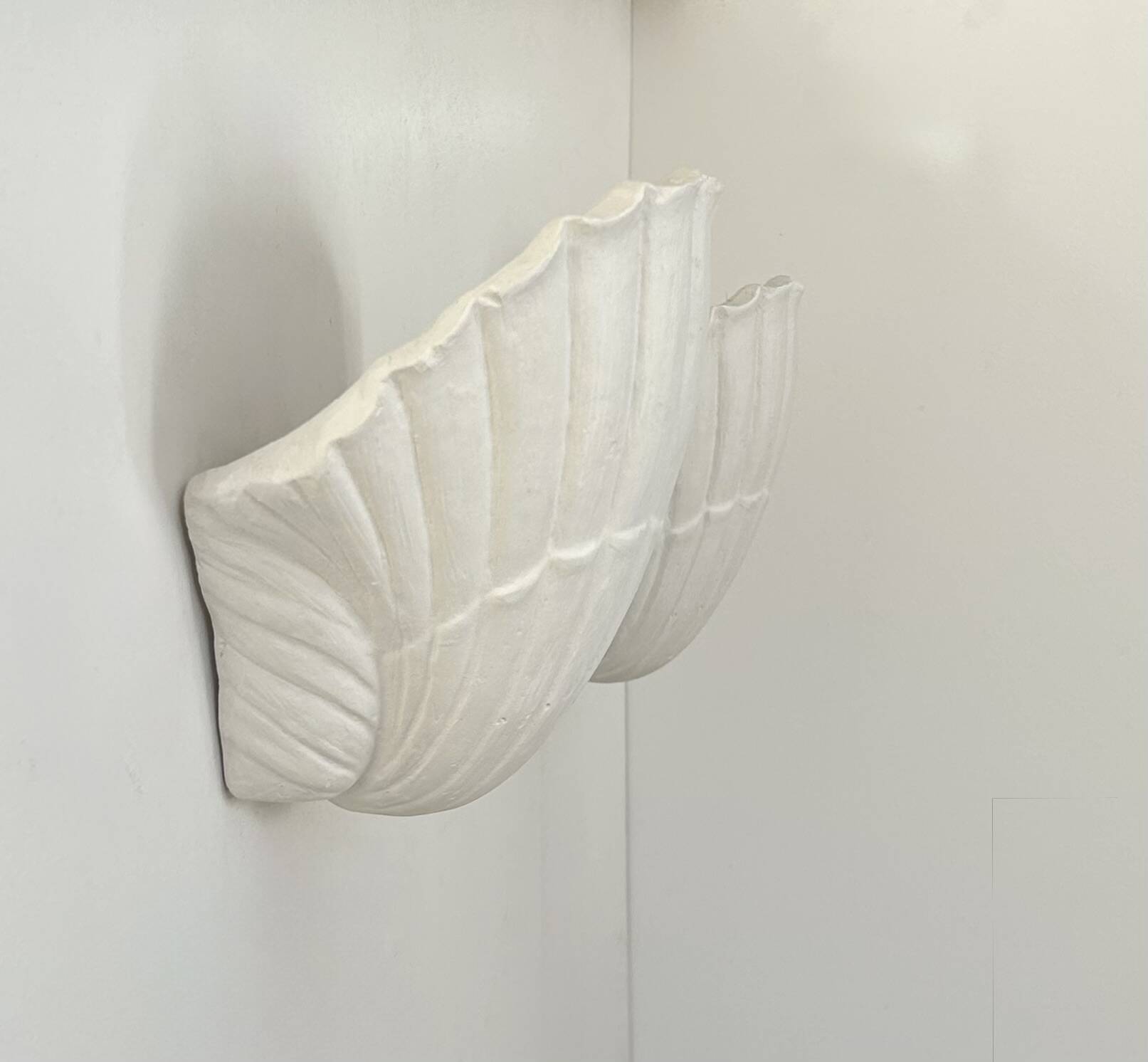 Pair of vintage seashell wall sconces, matte white plaster, France 1970