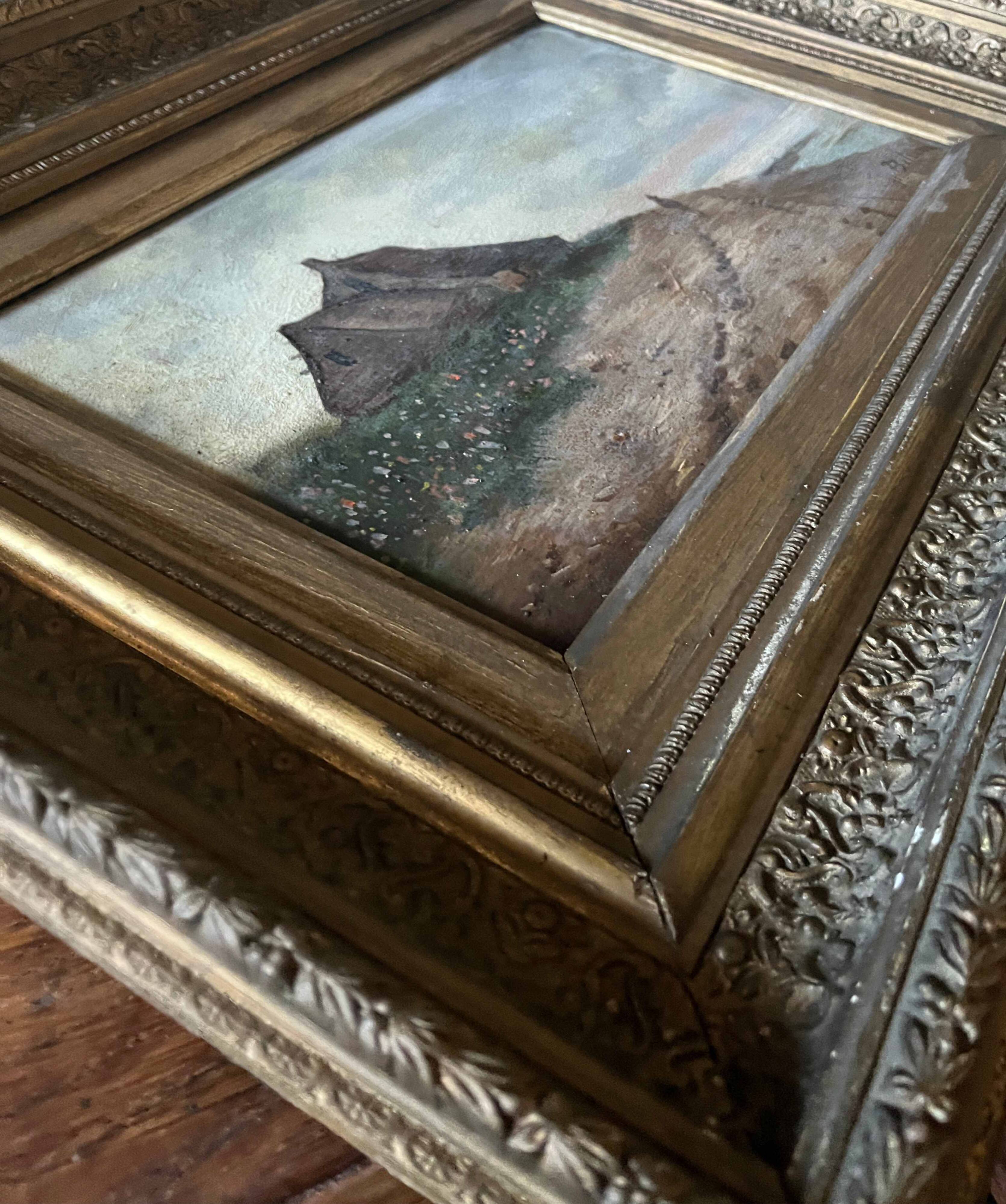 HST painting "Bord de mar" Animated seascape with thatched cottage signed Bilson XIX° + frame