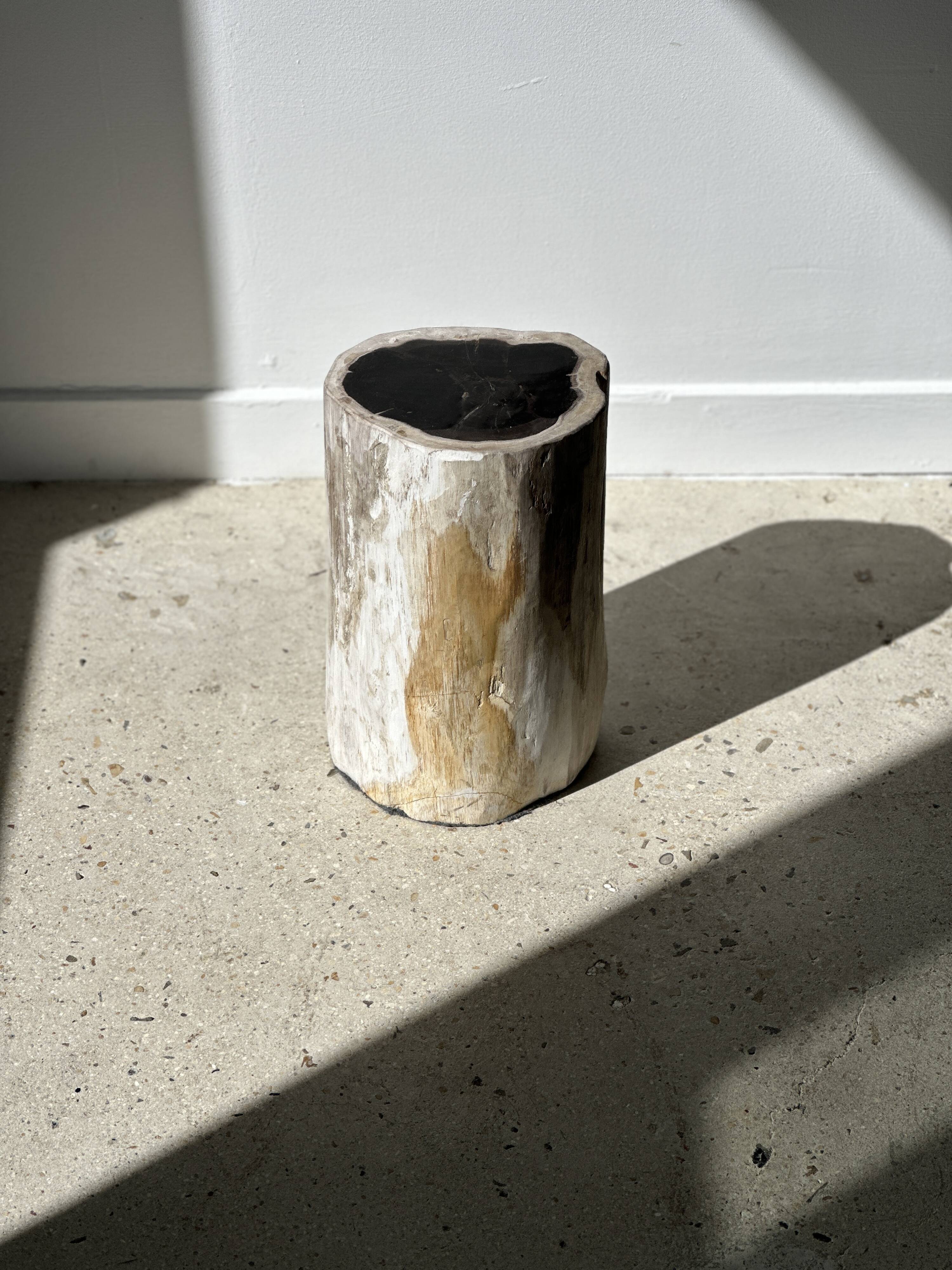 Petrified wood side table white tower black heart H:36cm D:17cm