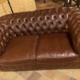 brown leather 2-seater Chesterfield sofa