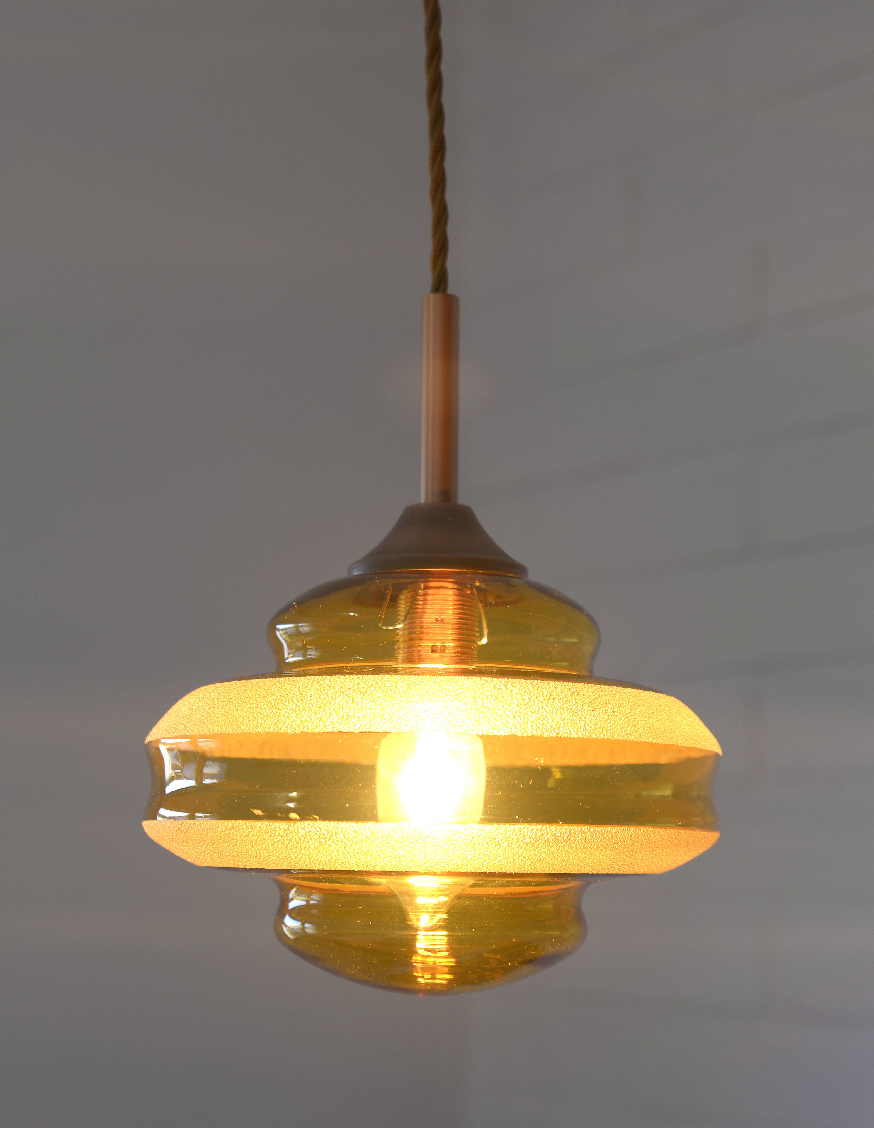 1 of 2 hand blown amber glass pendant lamp / redesign vintage hanging light