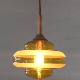 1 of 2 hand blown amber glass pendant lamp / redesign vintage hanging light
