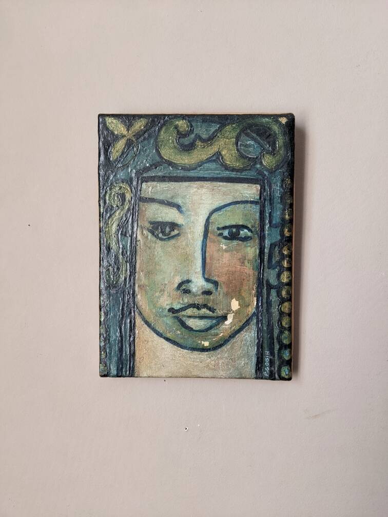 Antique acrylic painting on canvas vintage ethnic tribal portrait