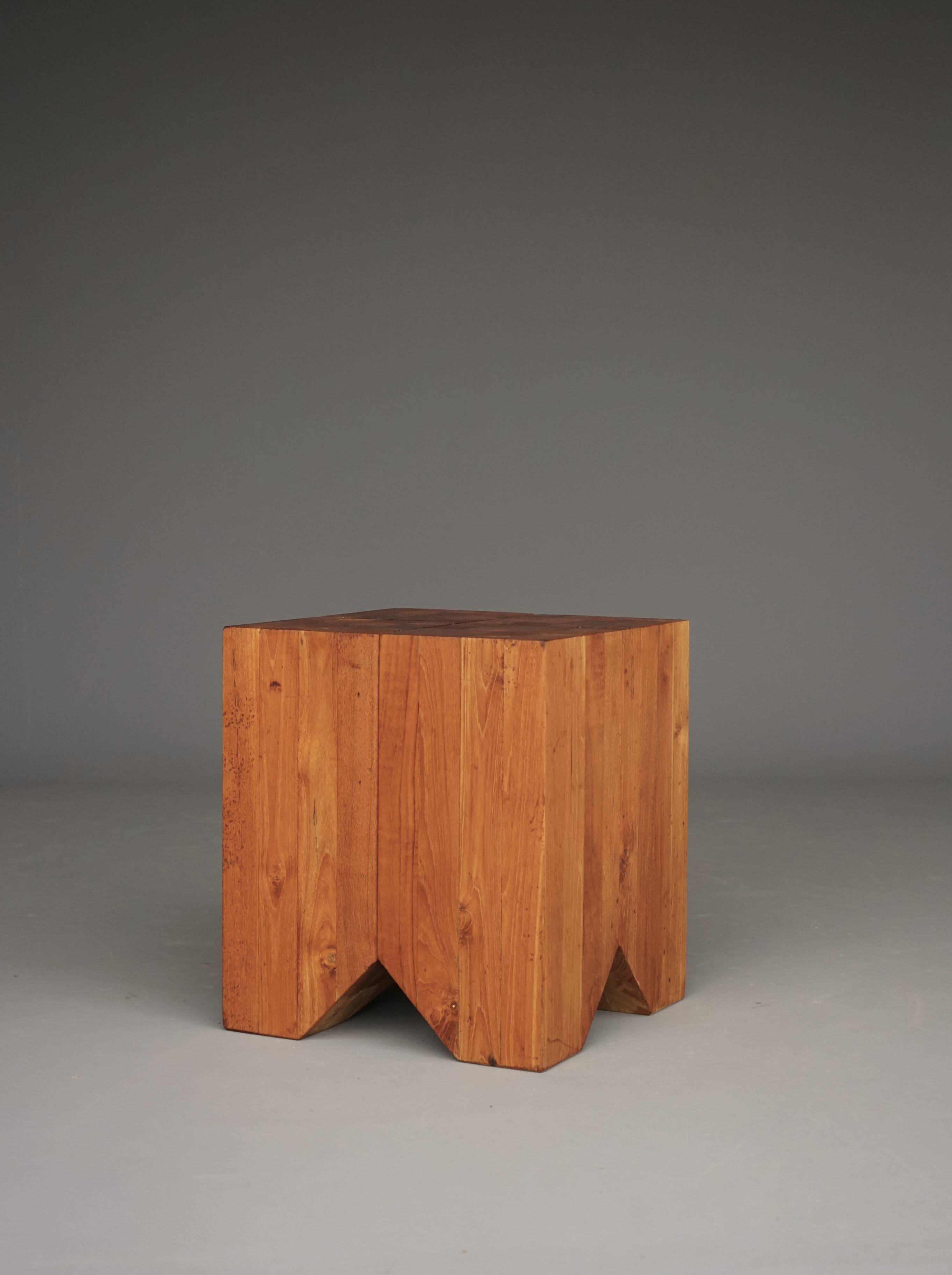 Brutalist solid Teak wood Stool or Side Table. 1990s