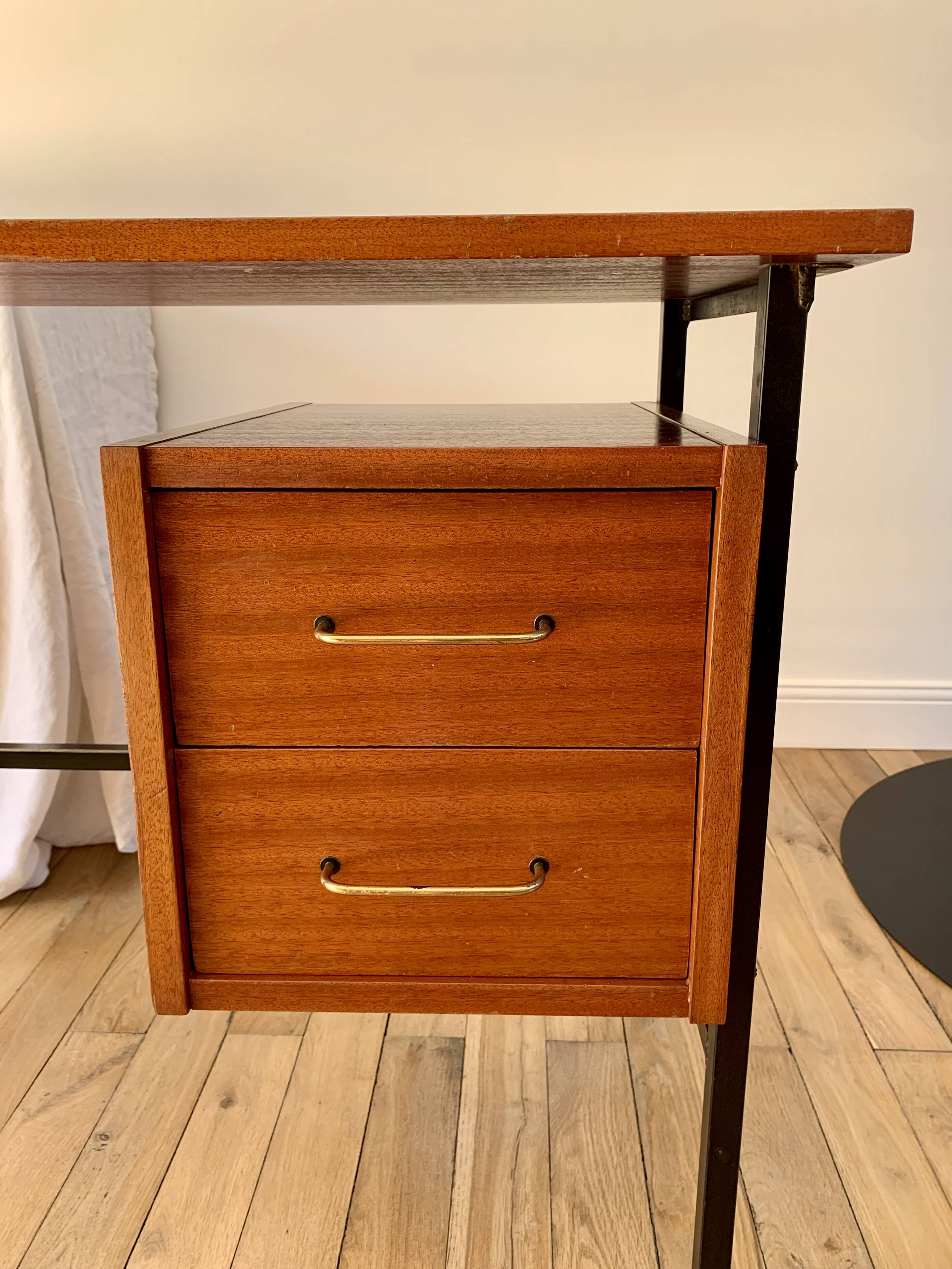 lacquered wood desk and black steel legs design from the 60s and 70s