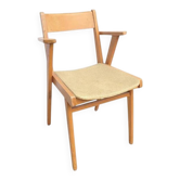 Vintage bridge armchair in beech and pale yellow faux leather from the 1960s.