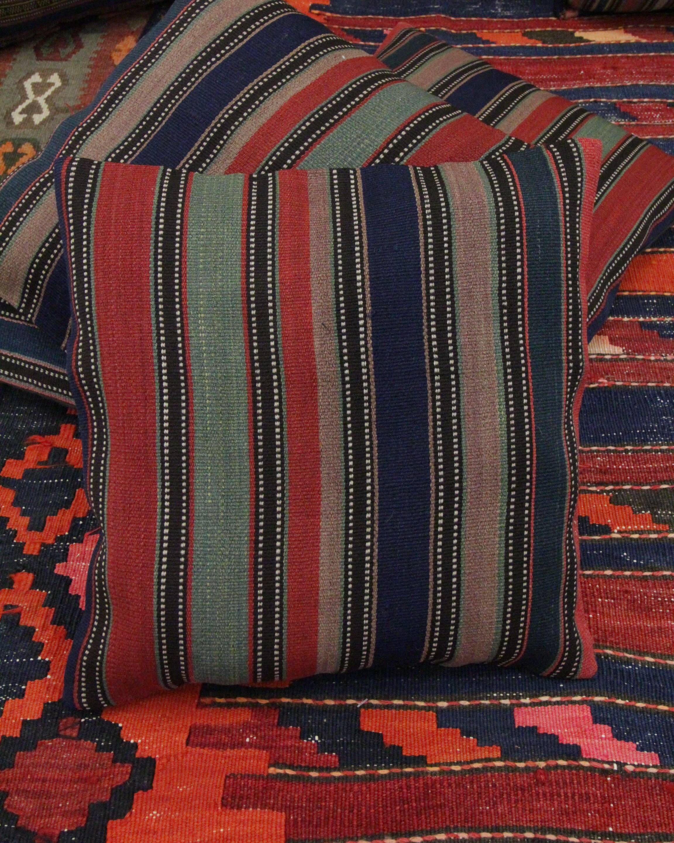 Striped Wool Kilim Pillow Cover, Handwoven Traditional Scatter Cushion- 39x39cm