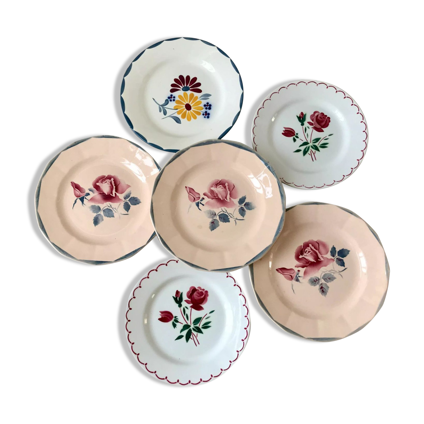 Set of 6 mismatched dessert plates Digoin, Badonviller Salins (Jacqueline) 30s-40s