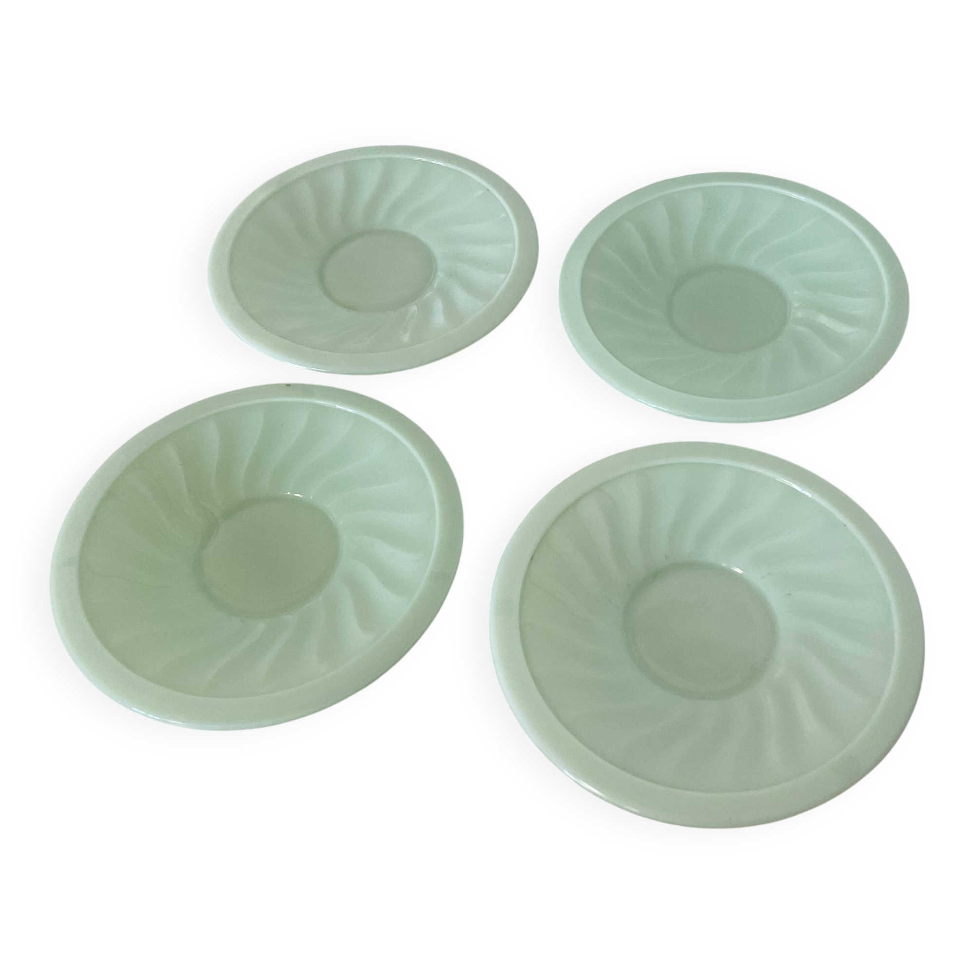 Set of 4 Mint Green Opaline Saucers with Swirl Motif, Made in France