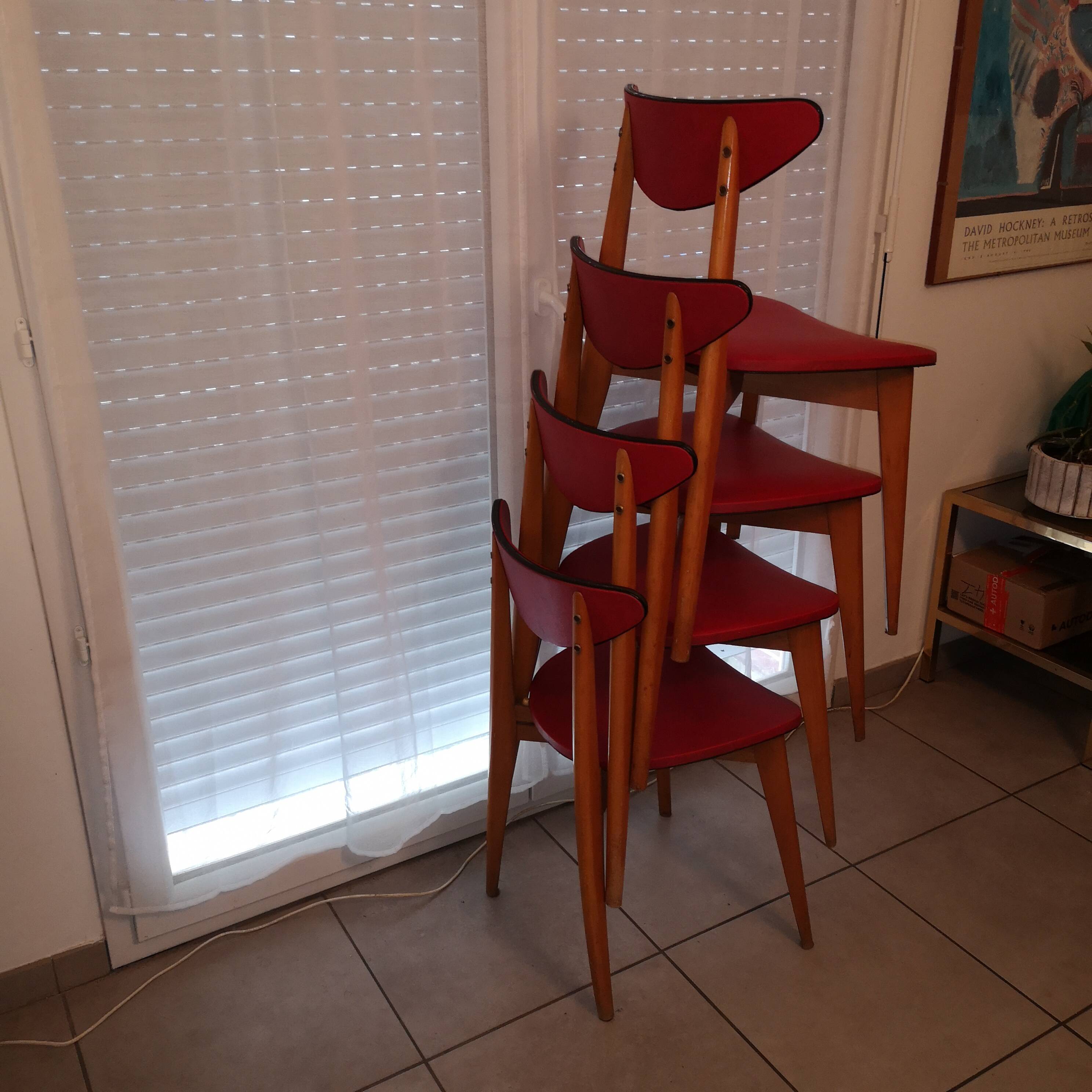Set of 4 Vintage Chairs – 50s/60s Design – Red Faux Leather – Stackable