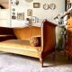 Bench, roller daybed in chiseled wood and ocher velvet, mid-19th century