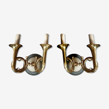 4 bronze. sconces hunting horns, trumpet musical instrument