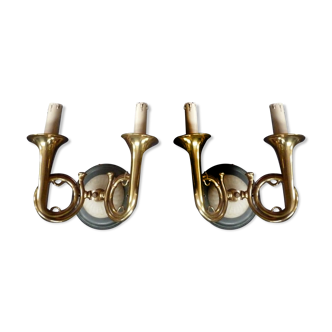 4 bronze. sconces hunting horns, trumpet musical instrument