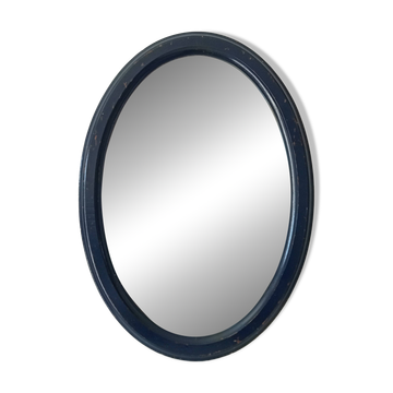 Vintage oval mirror in petrol blue wood