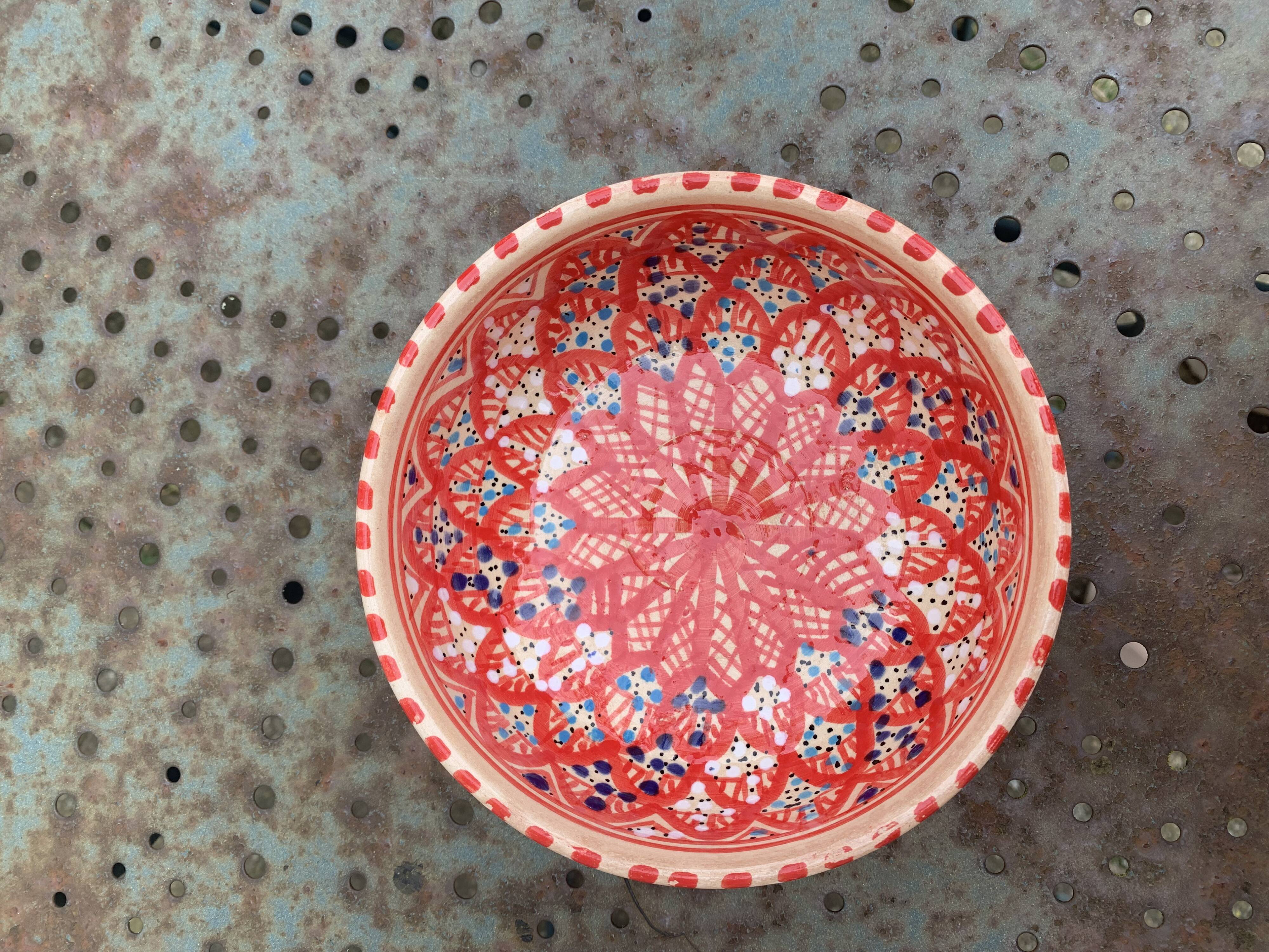 Two bowls, enameled ceramic cups, red and blue, artisanal, hand painted made in Italy
