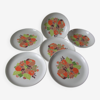 Set of 6 Tefal plates in melamine floral decor 1970s/80s camping combi