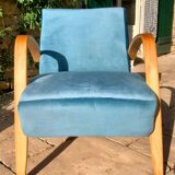 Wooden and blue fabric armchair, 1960