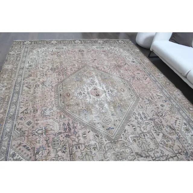 1970s Vintage Persian Handmade Wool Cotton Light Brown Area Rug 261x364