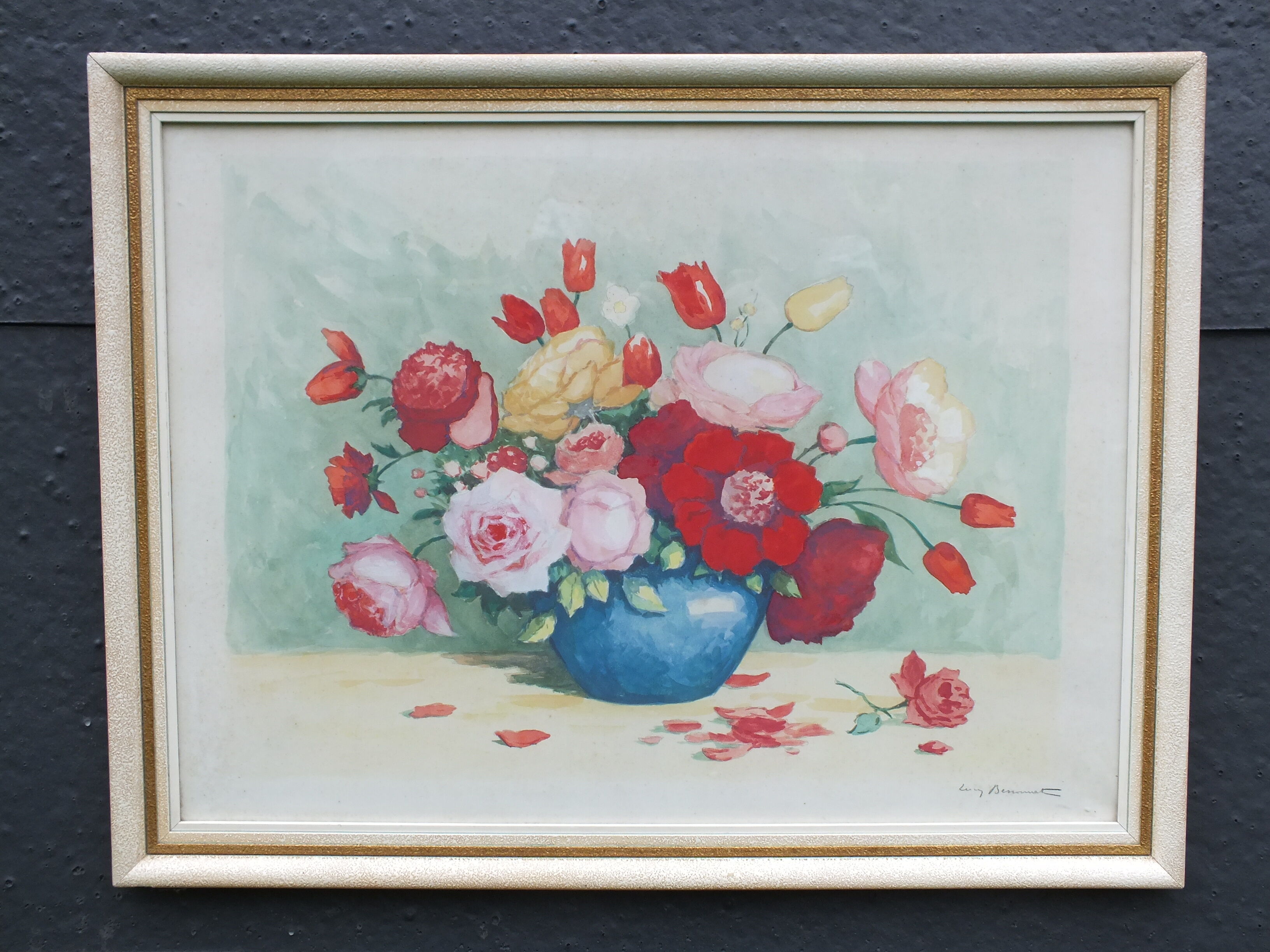 Large watercolor bouquet of flowers signed Bessonnat