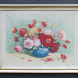 Large watercolor bouquet of flowers signed Bessonnat