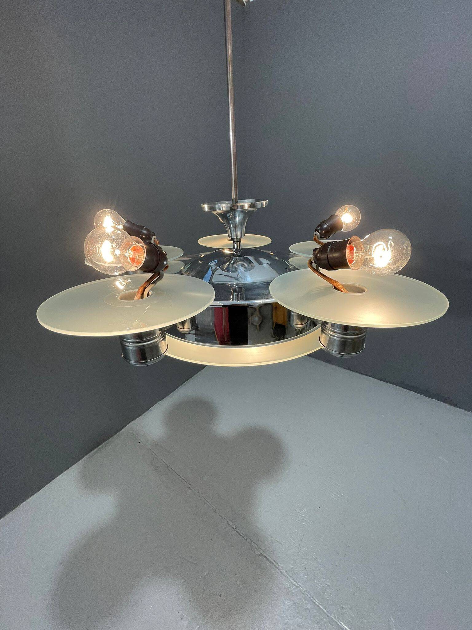 1930s Art Deco Chrome Chandelier with Frosted Glass Disc Shades – Czech Vin