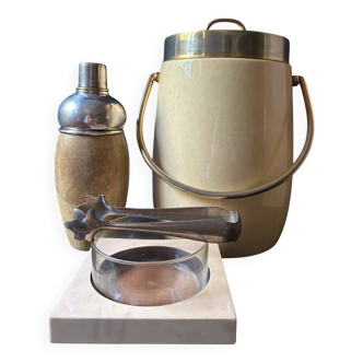 Aldo Tura bar set, 3 pieces with ice bucket, shaker, sugar tongs, and serving bowl, Italy, 1970s.