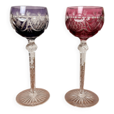 2 Verres à Vin en Cristal Taillé Coloré Rouge & Violet – Vintage