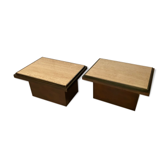 Paire de tables d’appoint belgo chrom en cuivre et travertin
