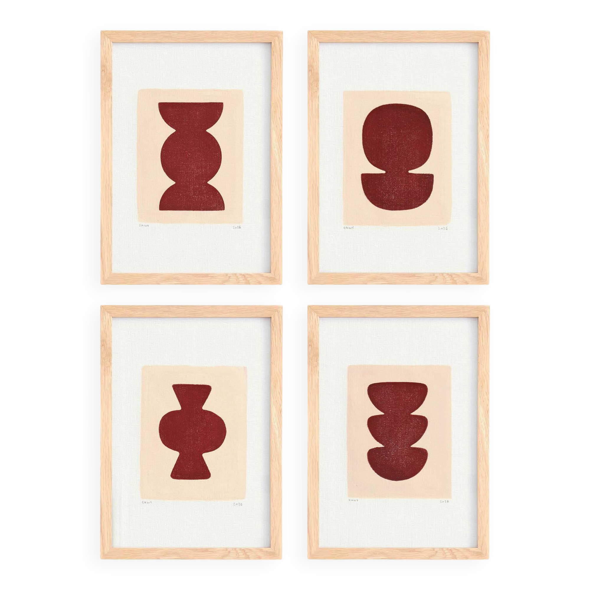 Collection of 4 paintings on burgundy paper signed Eawy.