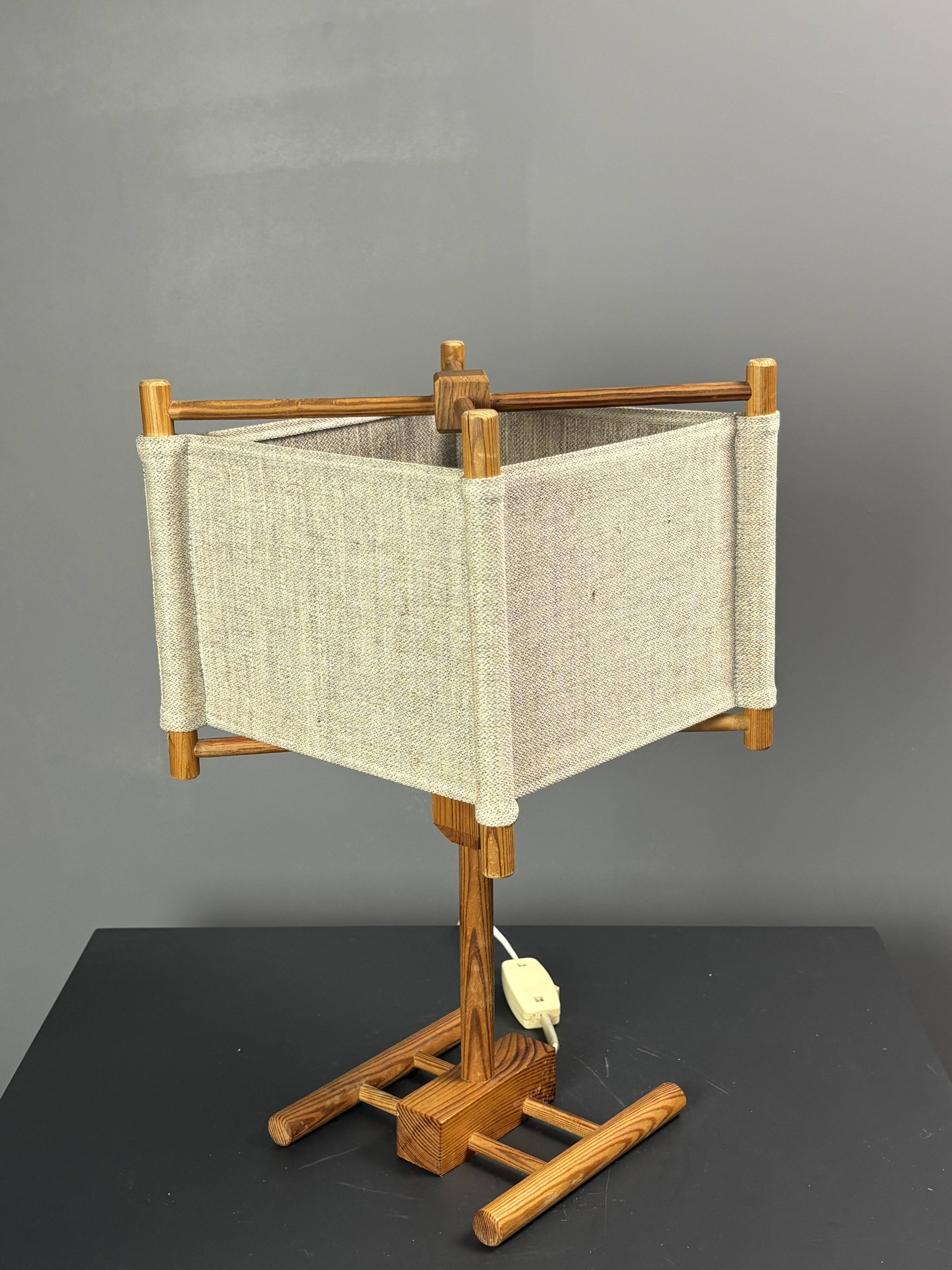 Midcentury Scandinavian pine table lamp with square fabric shade, 1970s