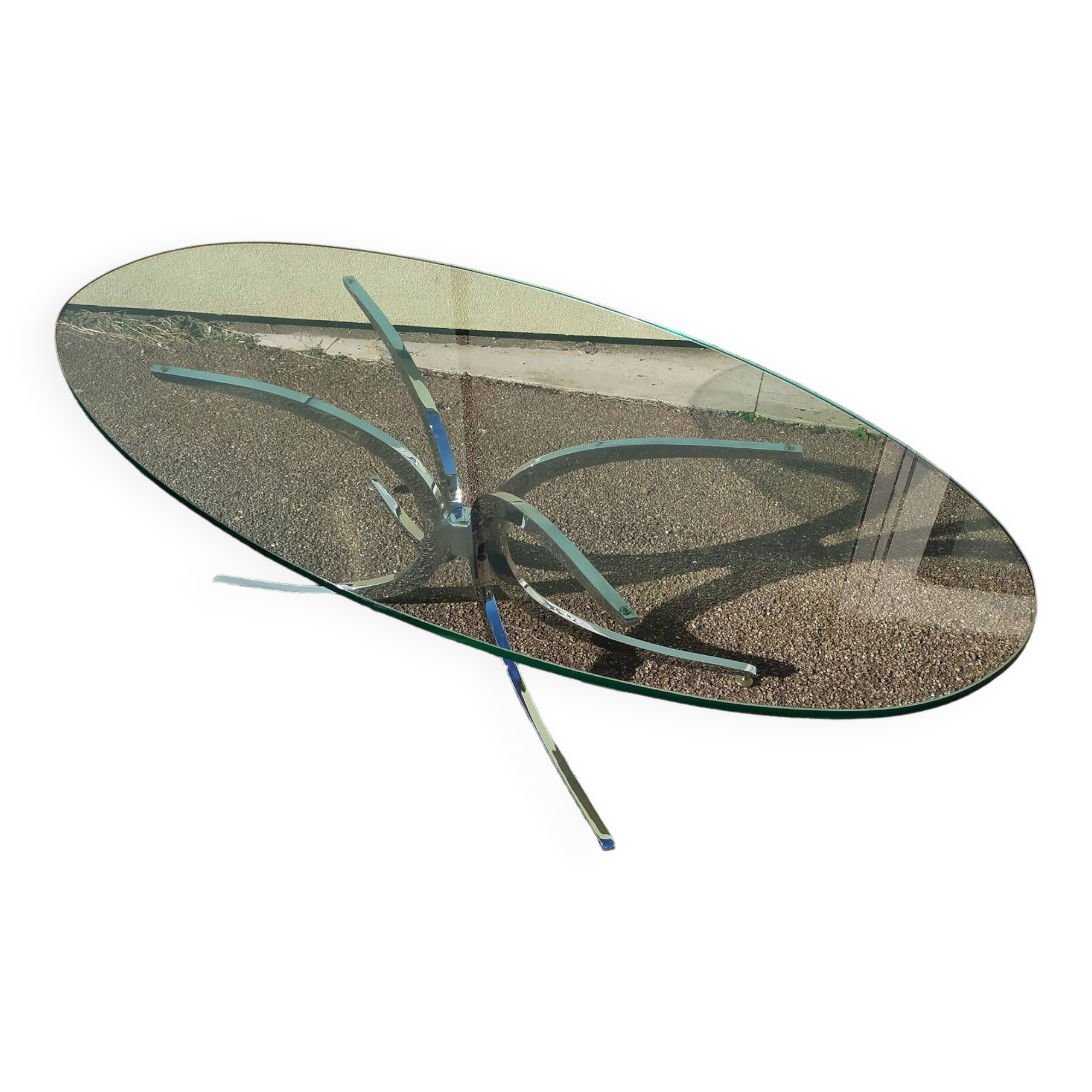 Large oval coffee table in glass and chrome - Vintage 1970