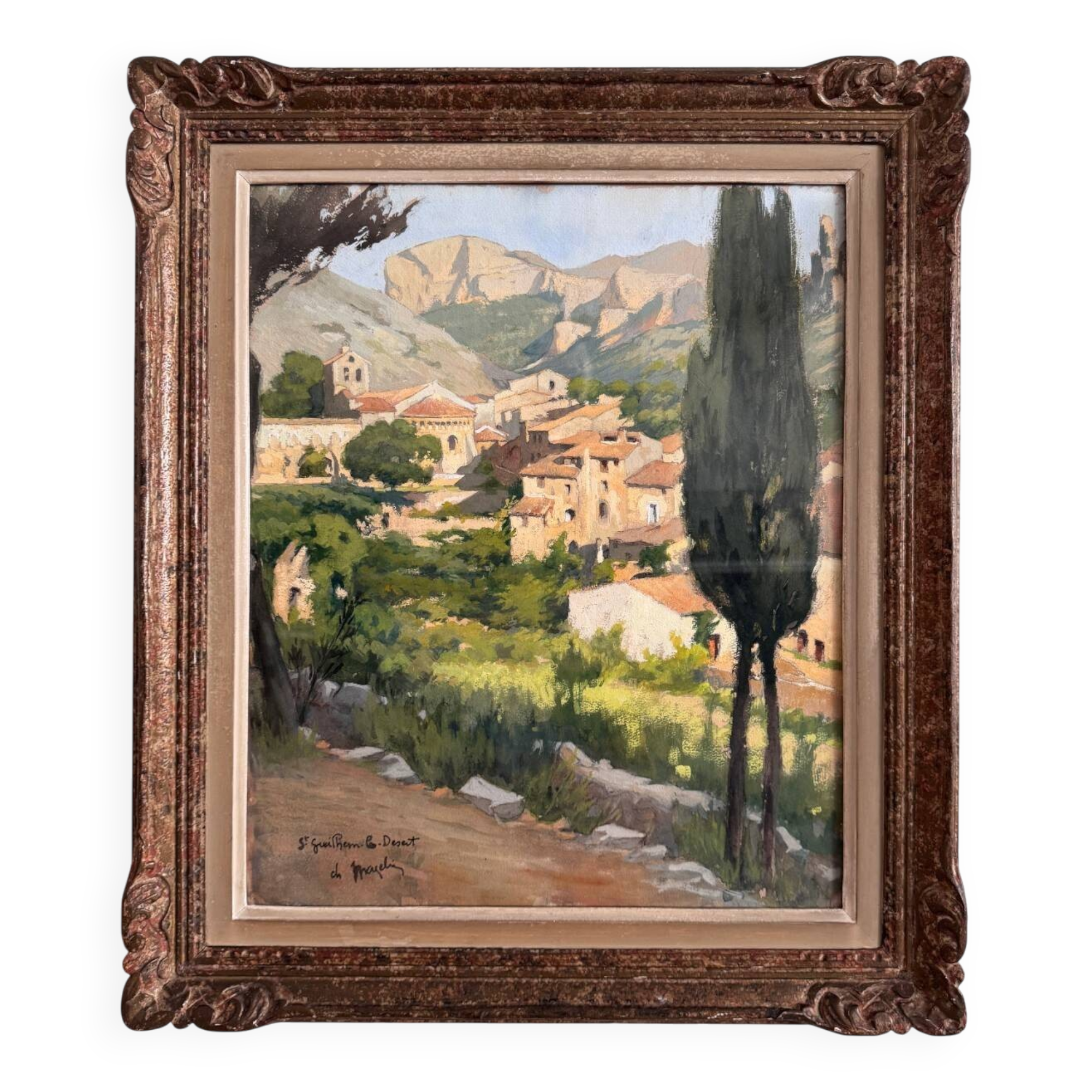 Watercolor on paper, Saint-Guilhem-le-Désert by Ch. Mazelin, 20th century