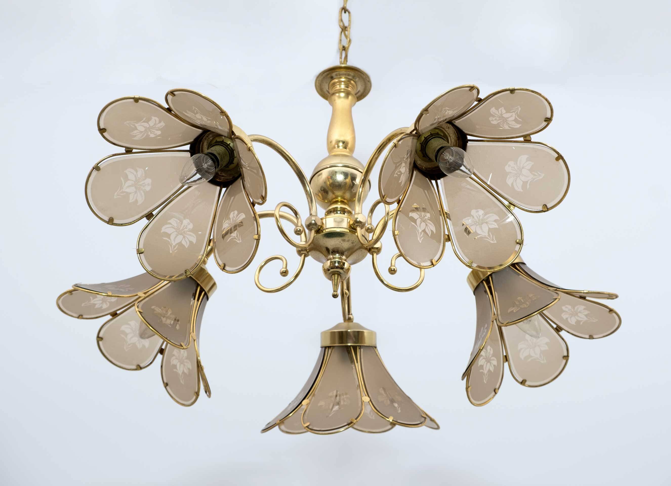 Mid-Century Modern Italian Glass and Brass Chandelier, 1960s