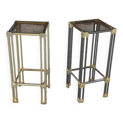 Paire de tables d'appoint Hollywood Regency en métal doré et verre fumé