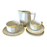 Ensemble Pichet Tasses  Bistrot Apilco ancien blanc liseré jaune et vert