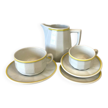 Ensemble Pichet Tasses  Bistrot Apilco ancien blanc liseré jaune et vert