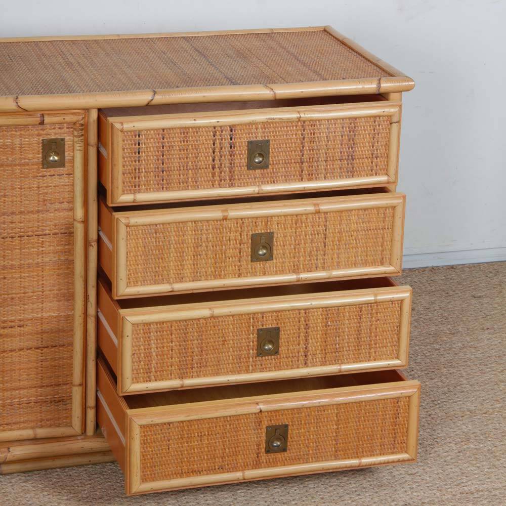 Vintage wicker, bamboo and brass chest of drawers by Dal Vera, 1970.