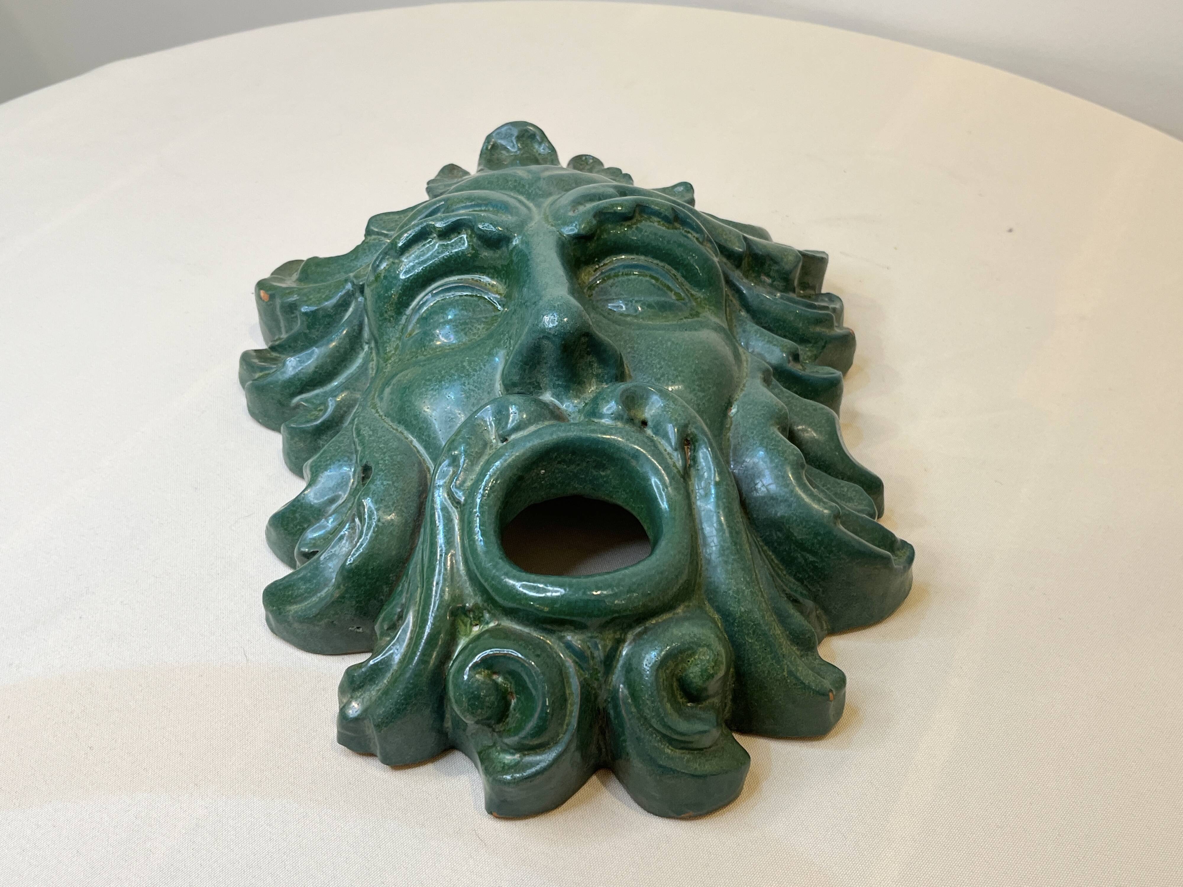 Mask wall sculpture head of Poseidon Neptune ceramic bronze green fountain mouth