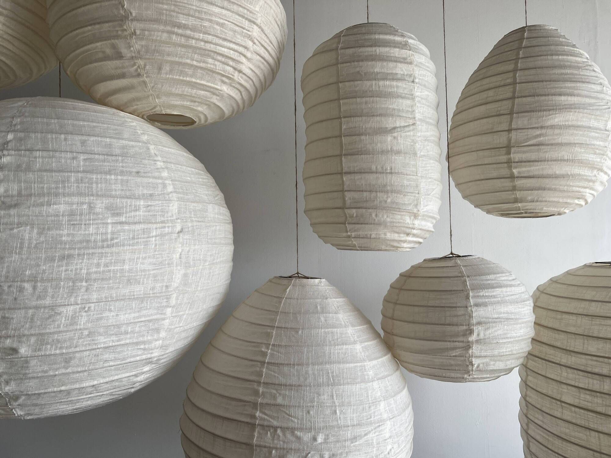 Hanging lamp in rattan and round japanese natural linen d:50