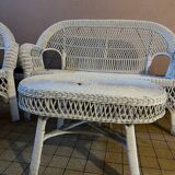 Salon de jardin en osier et rotin blanc