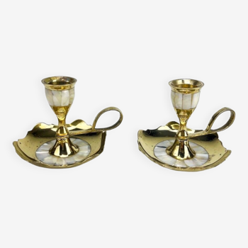 Duo of vintage brass and mother-of-pearl cellar rat candlesticks