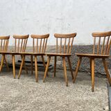 Set of 8 vintage bistro chairs – Warm stained wood – Compass legs