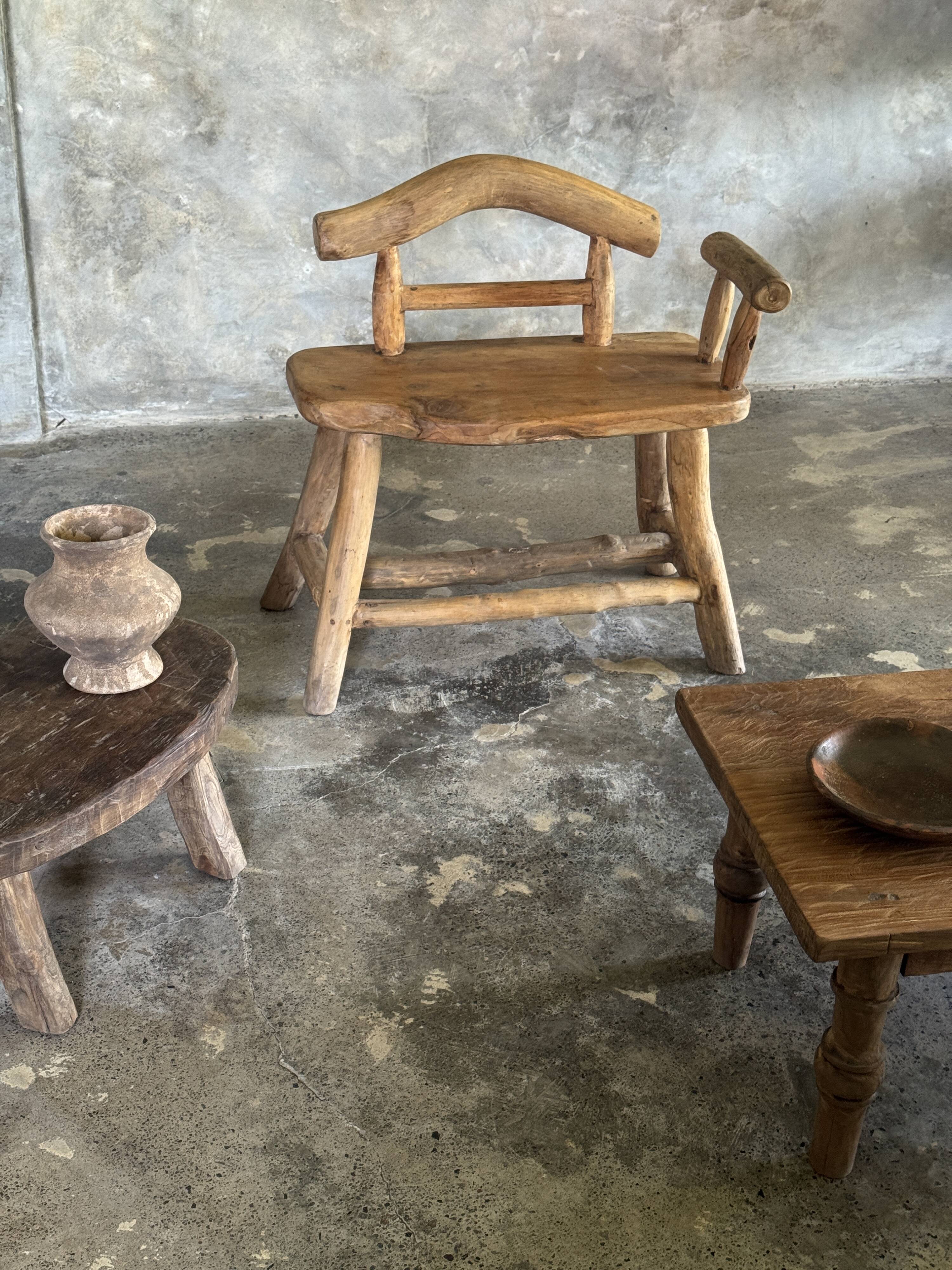 Small brutalist bench with backrest and armrests in Asian blonde teak H67 L6